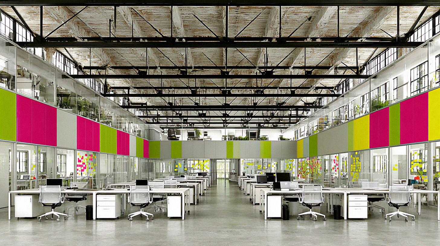 Modern open office with colorful panels and collaborative workspaces, symbolizing structured, dynamic knowledge environments.