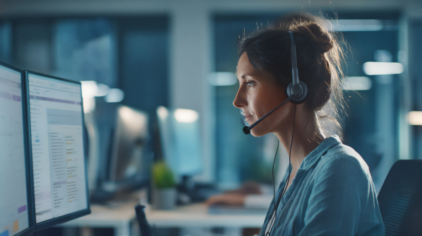Support agent at a desk using headset and computer, capturing notes in real time
